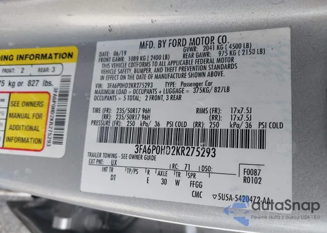 2019 Ford Fusion Se from USA, damaged, VIN 3FA6P0HD2KR275293